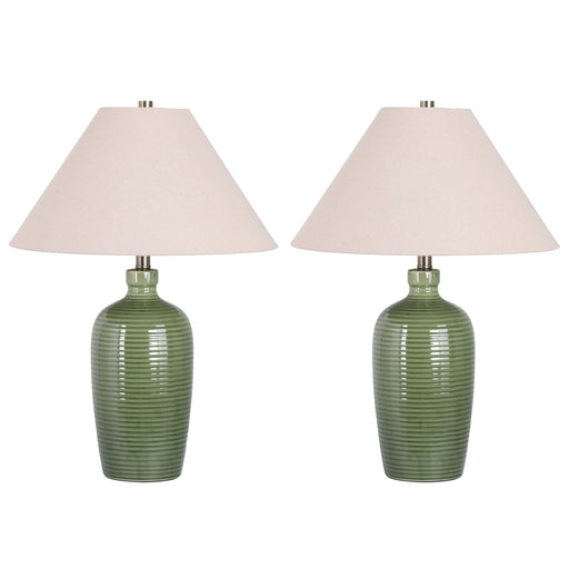 Classy Living Verdant Elegance 18in Table Lamp Set of 2 | Modern Sage Green Ceramic and Natural Linen | Bedroom Nightstand & Console | Model BRL3370