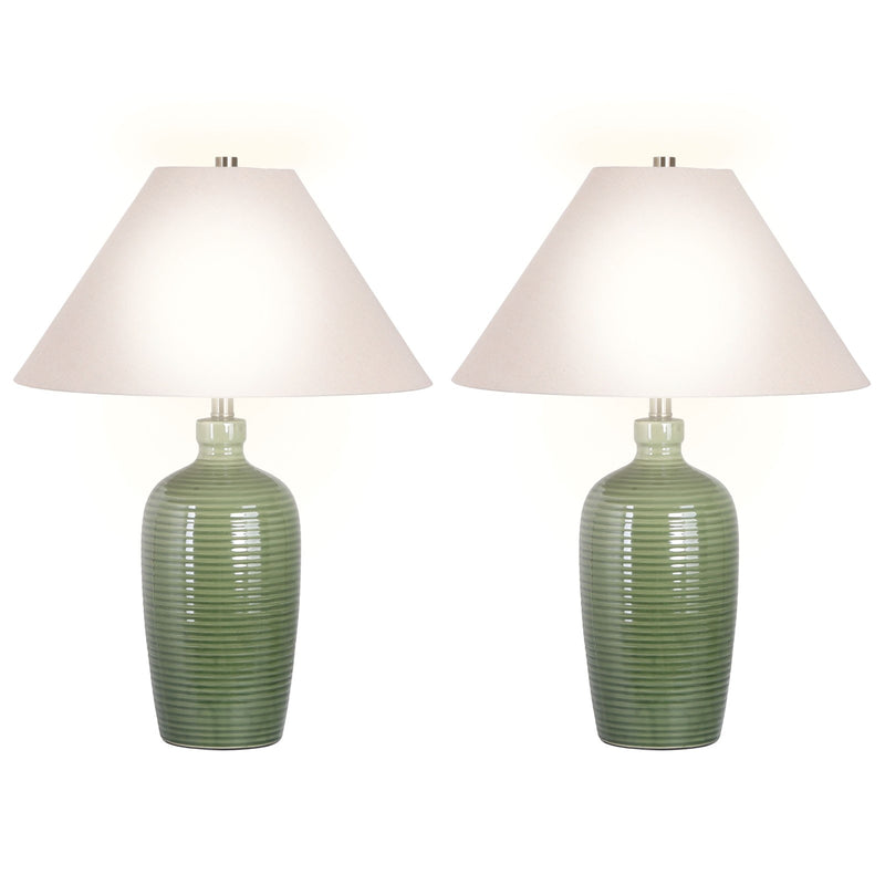 Classy Living Verdant Elegance 18in Table Lamp Set of 2 | Modern Sage Green Ceramic and Natural Linen | Bedroom Nightstand & Console | Model BRL3370