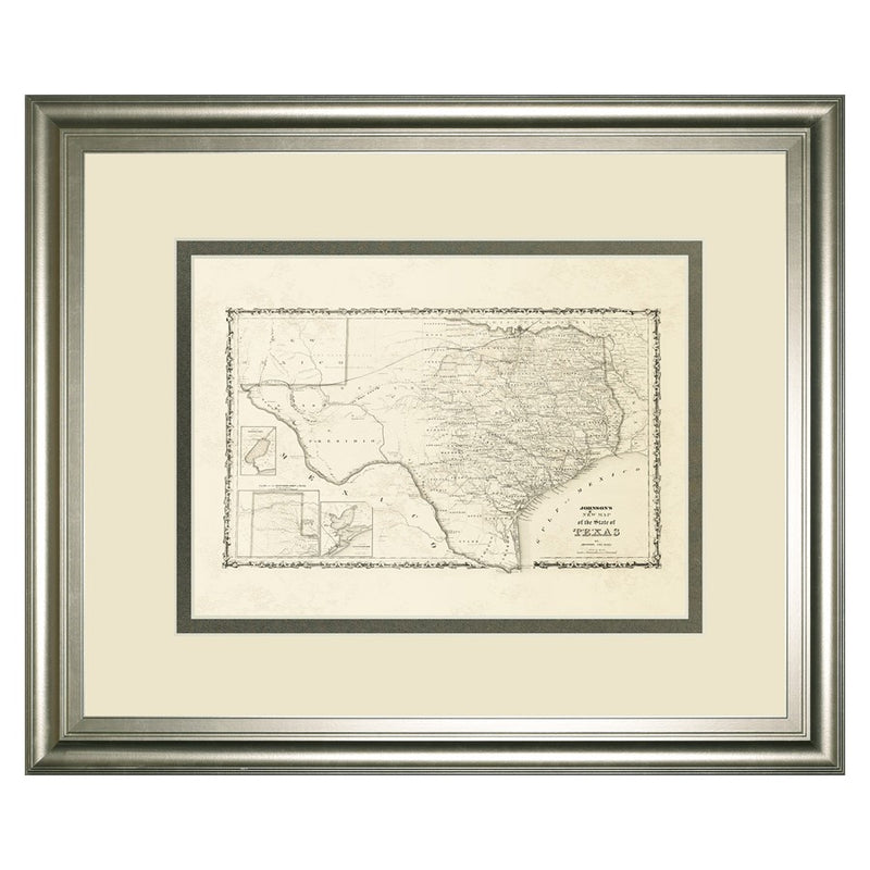 Classy Living Vintage Texas Map Wall Art Double Mat 40"x34", Silver