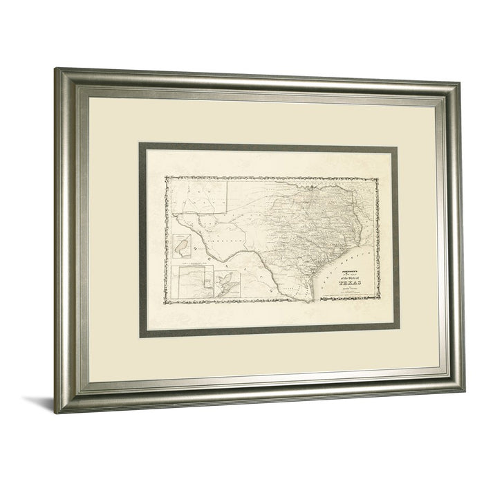 Classy Living Vintage Texas Map Wall Art Double Mat 40"x34", Silver
