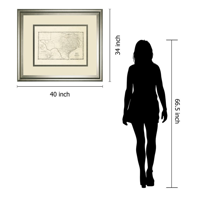 Classy Living Vintage Texas Map Wall Art Double Mat 40"x34", Silver