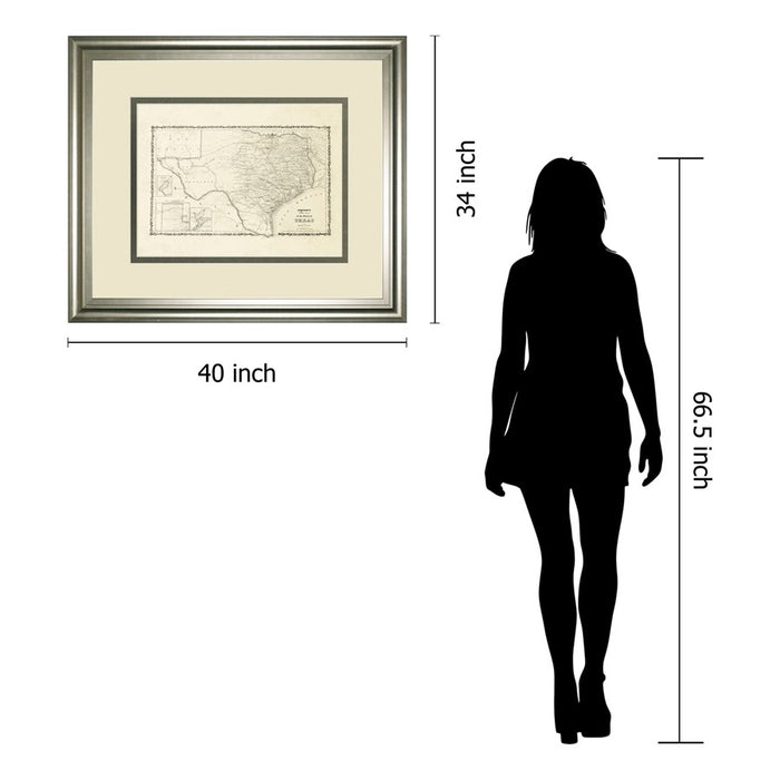 Classy Living Vintage Texas Map Wall Art Double Mat 40"x34", Silver