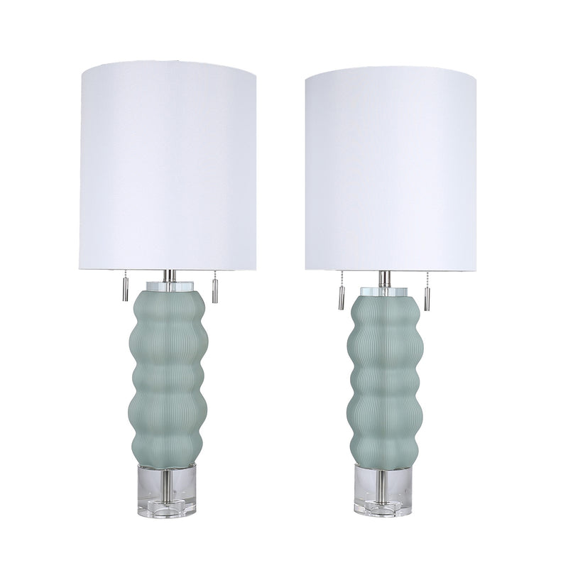 Classy Living Oceanic Wave 31in 2-Light Table Lamp Set | Contemporary Mist Blue Crystal and White Linen | Bedside & Console | Model ECL1099C