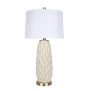 Classy Living Textured Leaves 28in 1-Light Table Lamp Set | Modern Beige Soft Gold Ceramic and White Linen | Bedside & Living Room | Model ECL1159E
