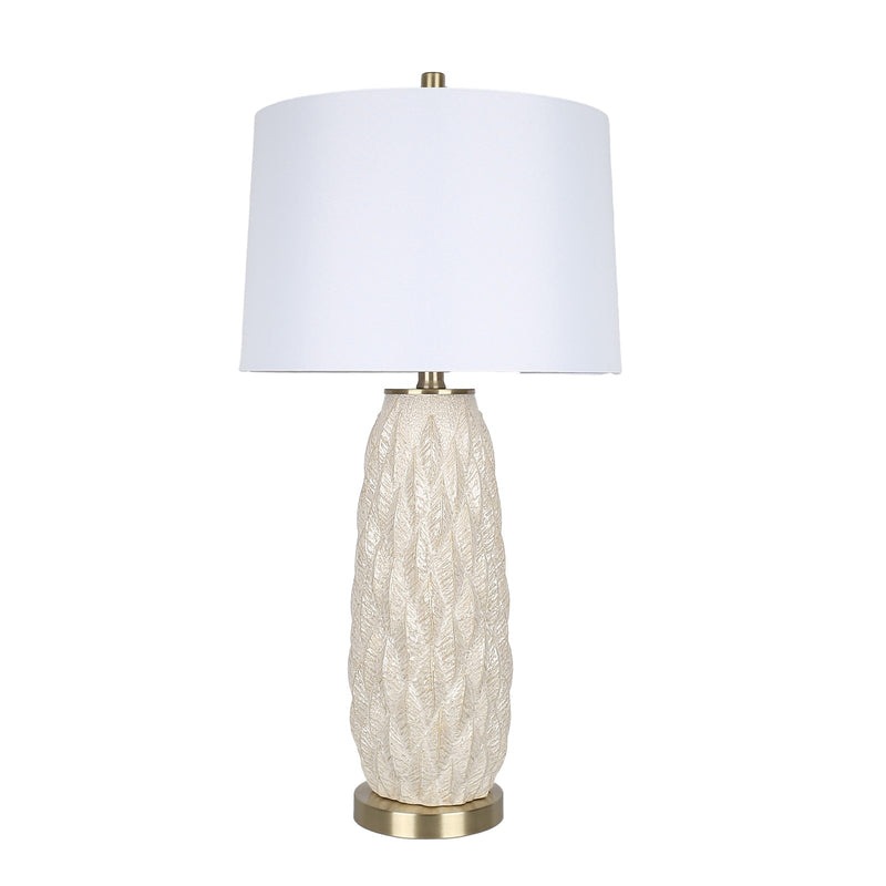 Classy Living Textured Leaves 28in 1-Light Table Lamp Set | Modern Beige Soft Gold Ceramic and White Linen | Bedside & Living Room | Model ECL1159E