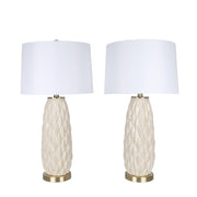 Classy Living Textured Leaves 28in 1-Light Table Lamp Set | Modern Beige Soft Gold Ceramic and White Linen | Bedside & Living Room | Model ECL1159E