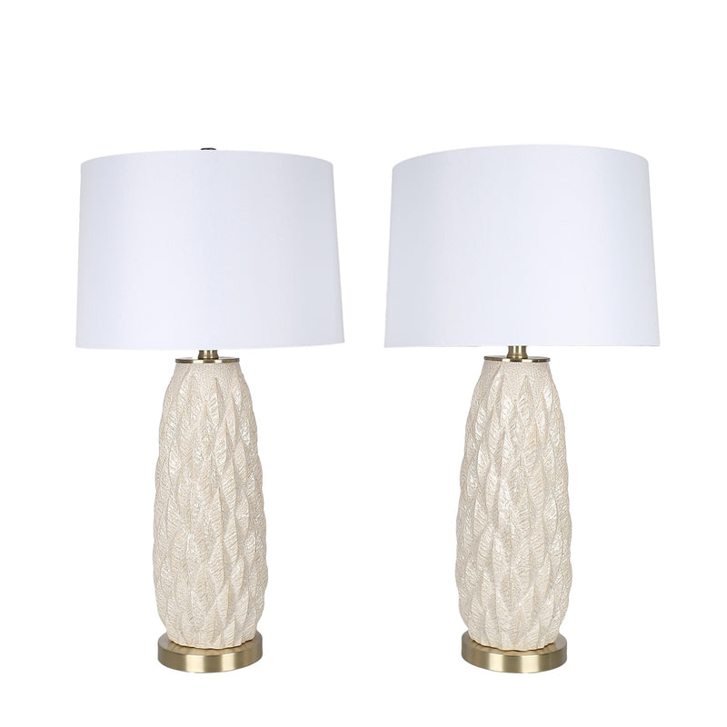 Classy Living Textured Leaves 28in 1-Light Table Lamp Set | Modern Beige Soft Gold Ceramic and White Linen | Bedside & Living Room | Model ECL1159E
