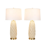 Classy Living Textured Leaves 28in 1-Light Table Lamp Set | Modern Beige Soft Gold Ceramic and White Linen | Bedside & Living Room | Model ECL1159E