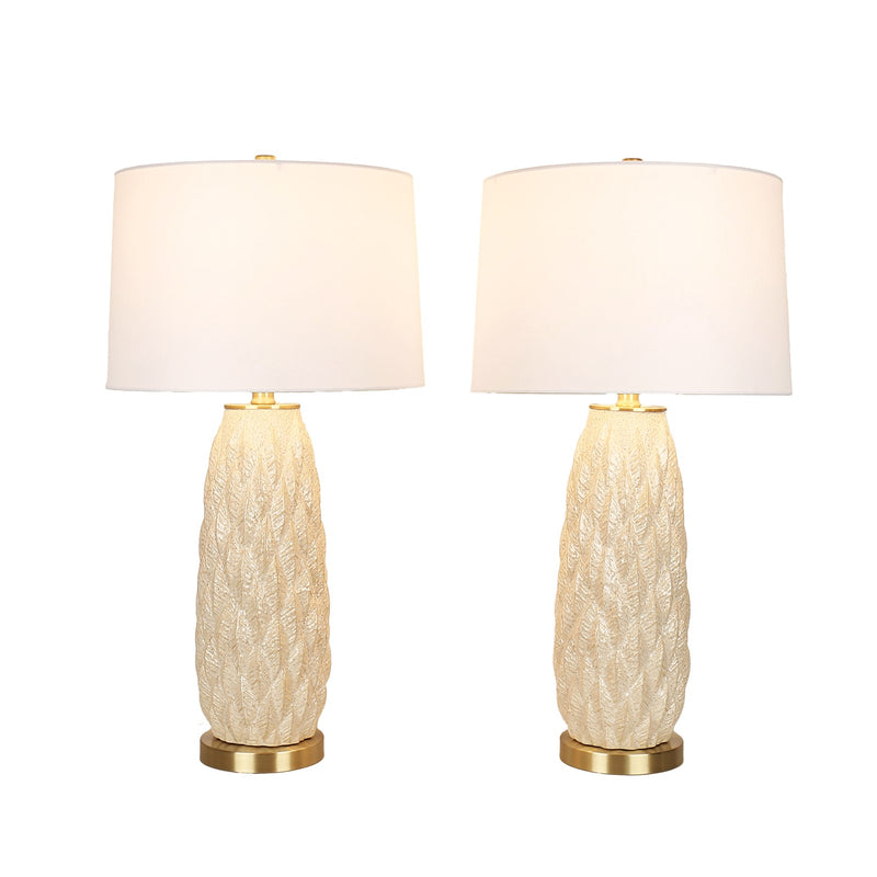 Classy Living Textured Leaves 28in 1-Light Table Lamp Set | Modern Beige Soft Gold Ceramic and White Linen | Bedside & Living Room | Model ECL1159E