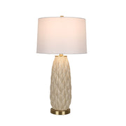 Classy Living Textured Leaves 28in 1-Light Table Lamp Set | Modern Beige Soft Gold Ceramic and White Linen | Bedside & Living Room | Model ECL1159E