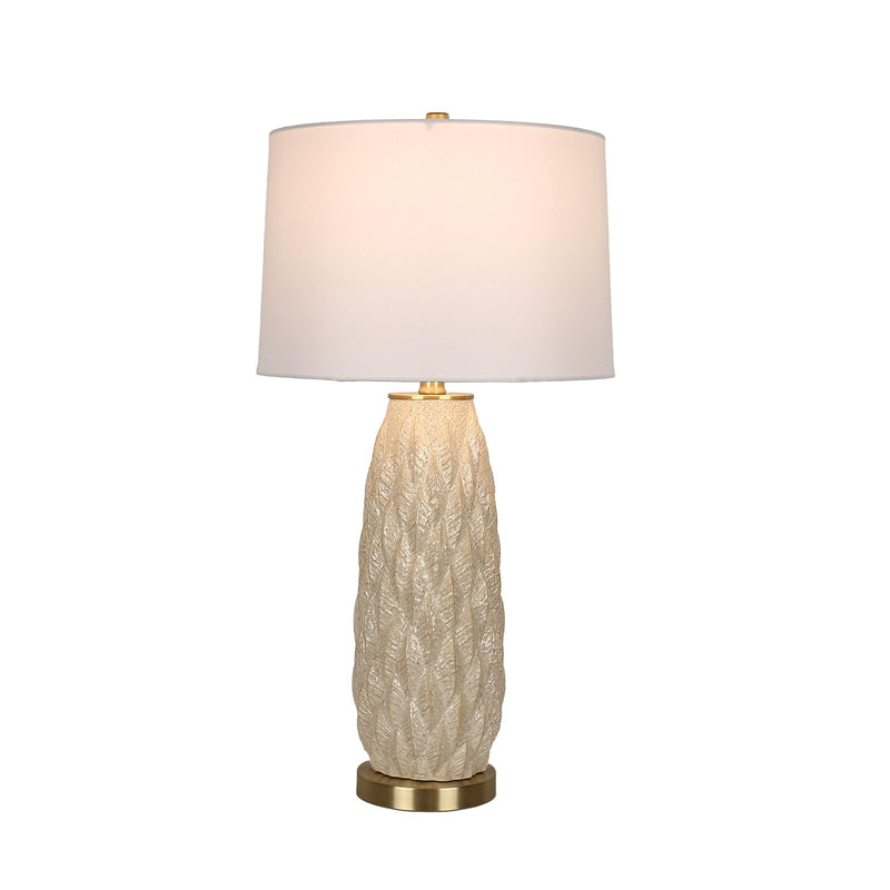 Classy Living Textured Leaves 28in 1-Light Table Lamp Set | Modern Beige Soft Gold Ceramic and White Linen | Bedside & Living Room | Model ECL1159E