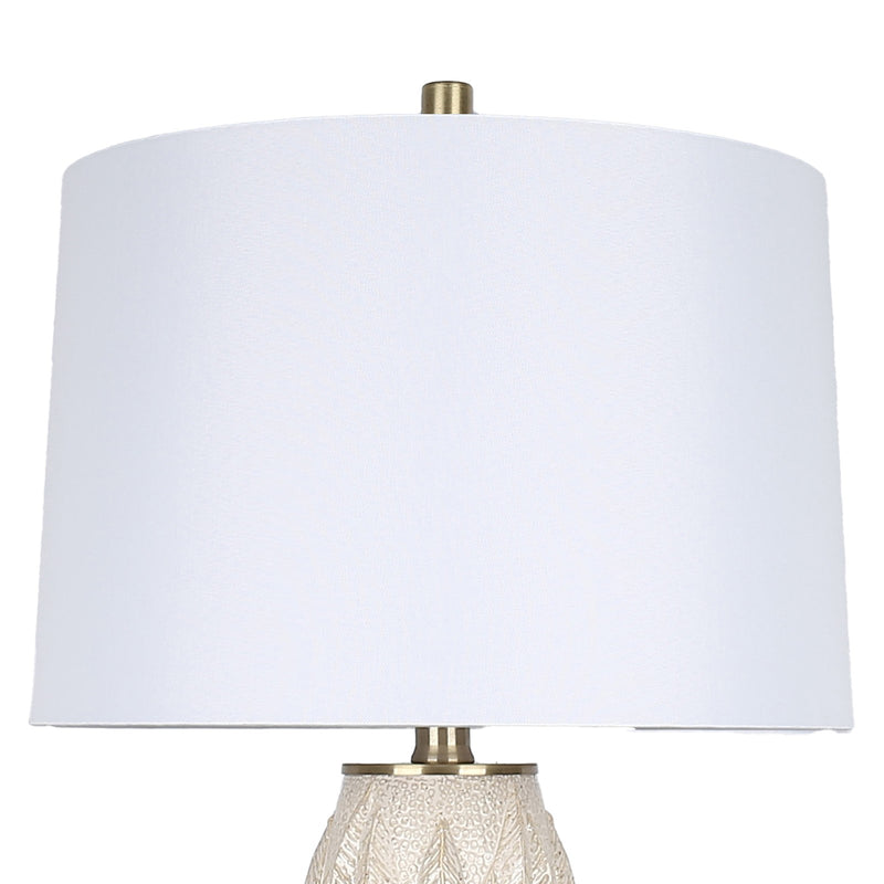 Classy Living Textured Leaves 28in 1-Light Table Lamp Set | Modern Beige Soft Gold Ceramic and White Linen | Bedside & Living Room | Model ECL1159E