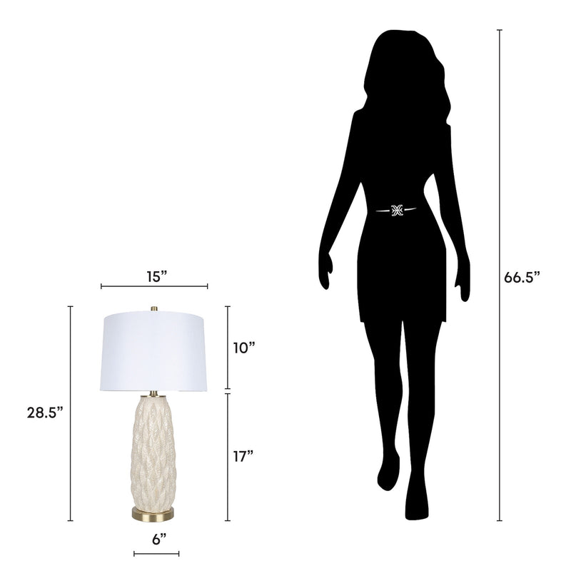 Classy Living Textured Leaves 28in 1-Light Table Lamp Set | Modern Beige Soft Gold Ceramic and White Linen | Bedside & Living Room | Model ECL1159E