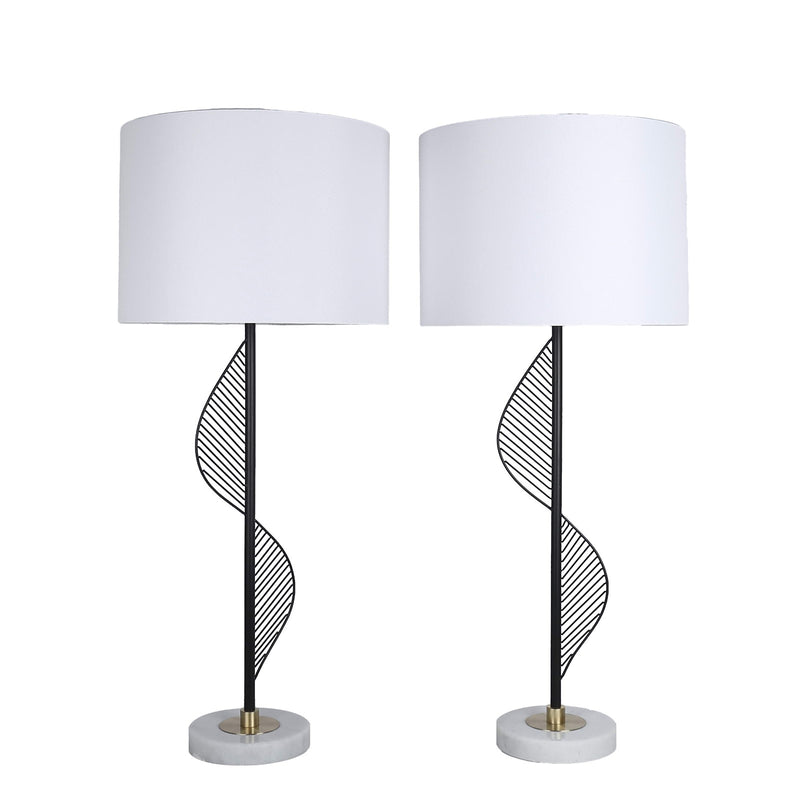 Classy Living Spiral Radiance II 33in 1-Light Table Lamp Set | Modern Matte Black Soft Gold Marble and White Linen | Bedside | Model ECL1300C