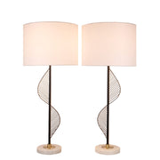 Classy Living Spiral Radiance II 33in 1-Light Table Lamp Set | Modern Matte Black Soft Gold Marble and White Linen | Bedside | Model ECL1300C