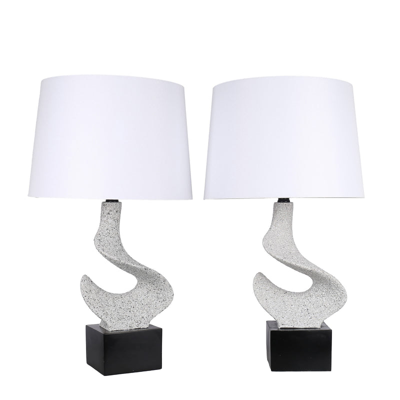 Classy Living Sculpted Waves 27in Table Lamp Set of 2 | Modern White Stone and Matte Black Resin | Bedside & Console | Model ECL1362B