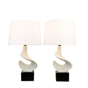 Classy Living Sculpted Waves 27in Table Lamp Set of 2 | Modern White Stone and Matte Black Resin | Bedside & Console | Model ECL1362B