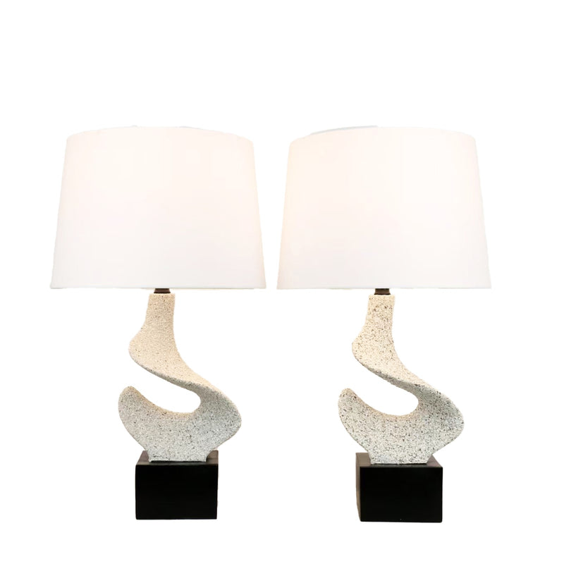 Classy Living Sculpted Waves 27in Table Lamp Set of 2 | Modern White Stone and Matte Black Resin | Bedside & Console | Model ECL1362B