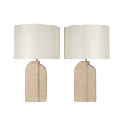 Classy Living Sculpted Sandstone 27in Ceramic Table Lamp Set of 2 | Modern Natural Rock Ceramic with Off White Linen Drum Shade | Model ECL1400B