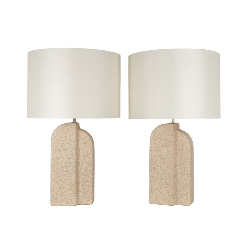 Classy Living Sculpted Sandstone 27in Ceramic Table Lamp Set of 2 | Modern Natural Rock Ceramic with Off White Linen Drum Shade | Model ECL1400B