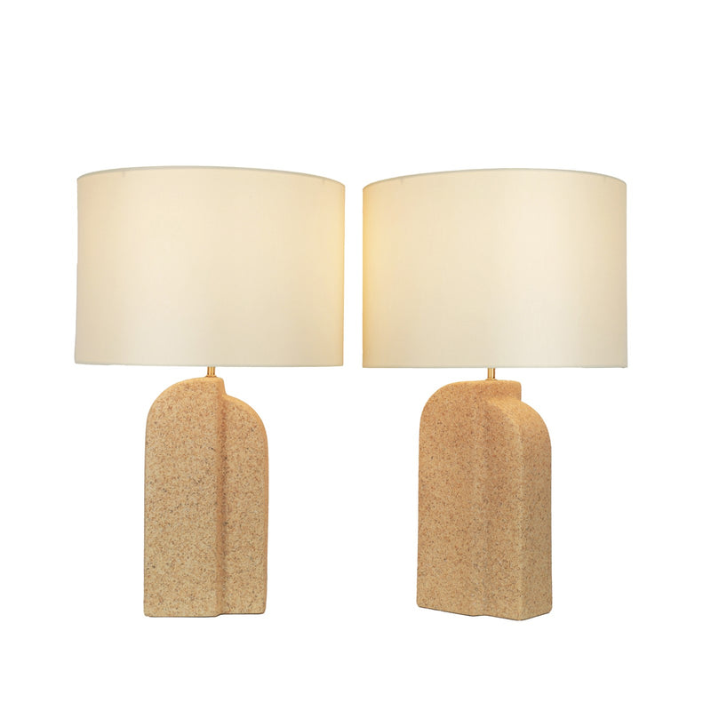 Classy Living Sculpted Sandstone 27in Ceramic Table Lamp Set of 2 | Modern Natural Rock Ceramic with Off White Linen Drum Shade | Model ECL1400B
