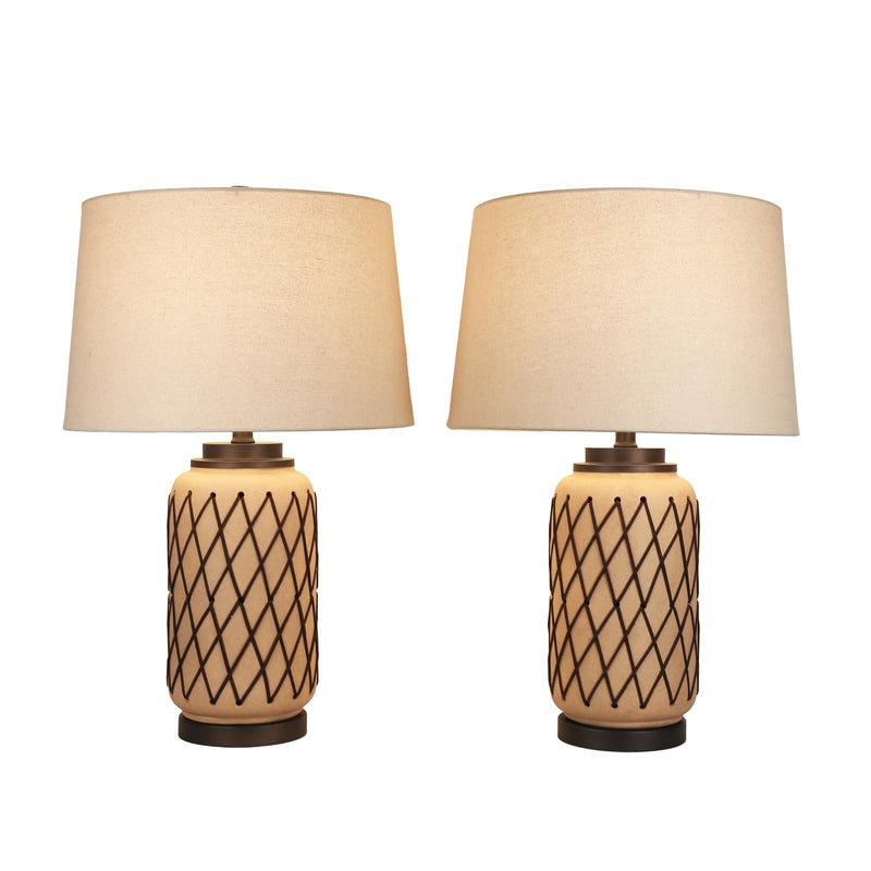 Classy Living Diamond Weave 27in Table Lamp Set of 2 | Rustic Terra Ceramic and Taupe Linen | Bedroom & Living Room | 17 x 17 x 27 in | Model ECL1405B