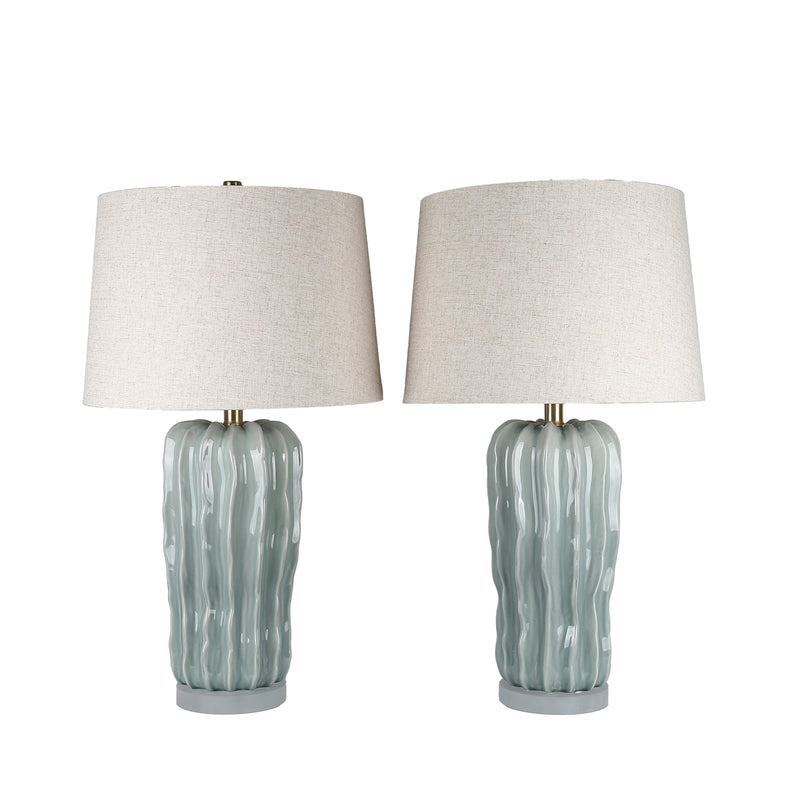 Classy Living Wave Crest 28in 1-Light Table Lamp | Coastal Glacier Blue Ceramic and Taupe Linen | Bedside & Living Room Accent | Model ECL1439B