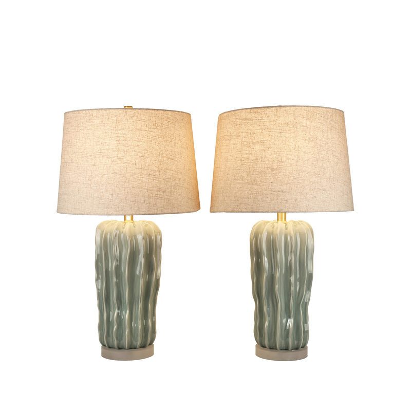 Classy Living Wave Crest 28in 1-Light Table Lamp | Coastal Glacier Blue Ceramic and Taupe Linen | Bedside & Living Room Accent | Model ECL1439B