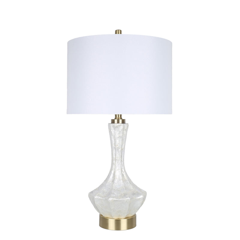 Classy Living Crystal Shell 28in Faux Shell Table Lamp Set of 2 | Coastal White Shell and Soft Gold with White Linen Shade | Bedroom | Model ECL2902B
