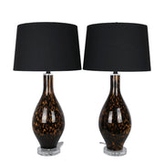 Classy Living Speckled Glow 17in Table Lamp Set of 2 | Contemporary Black Speckled Amber Art Glass and Crystal with Black Linen | Model ECL2904B