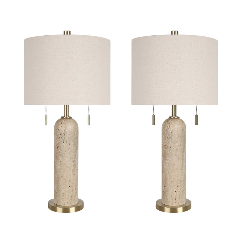 Classy Living Travertine Elegance 27in Table Lamp Set of 2 | Modern Natural Stone and Soft Gold Metal | Living Room & Bedroom | Model ECL3282