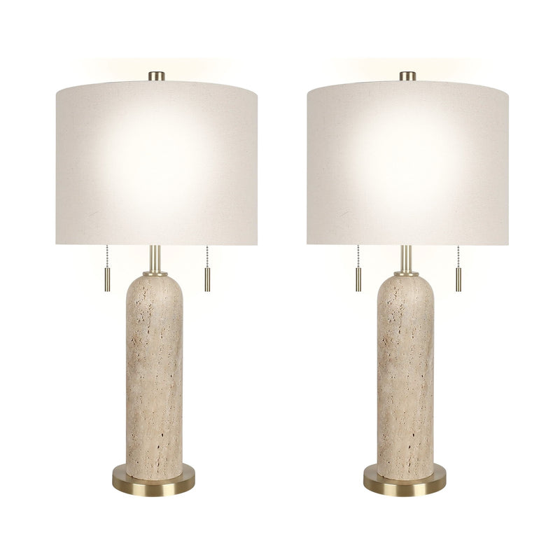 Classy Living Travertine Elegance 27in Table Lamp Set of 2 | Modern Natural Stone and Soft Gold Metal | Living Room & Bedroom | Model ECL3282
