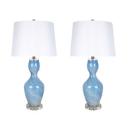 Classy Living Azure Elegance 27in Table Lamp Set of 2 | Modern Blue and White Art Glass with Clear Crystal | Bedside & Reading Nook | Model ECL3286