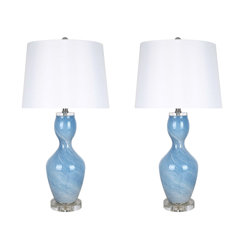 Classy Living Azure Elegance 27in Table Lamp Set of 2 | Modern Blue and White Art Glass with Clear Crystal | Bedside & Reading Nook | Model ECL3286
