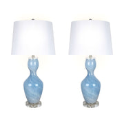 Classy Living Azure Elegance 27in Table Lamp Set of 2 | Modern Blue and White Art Glass with Clear Crystal | Bedside & Reading Nook | Model ECL3286