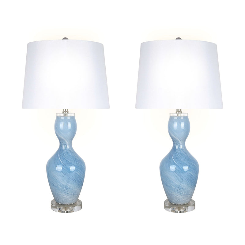 Classy Living Azure Elegance 27in Table Lamp Set of 2 | Modern Blue and White Art Glass with Clear Crystal | Bedside & Reading Nook | Model ECL3286