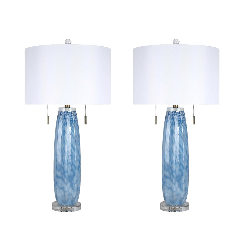 Classy Living Azure Drift 30in Table Lamp Set of 2 | Transitional Blue and White Art Glass with Clear Crystal | Living Room & Bedroom | Model ECL3290