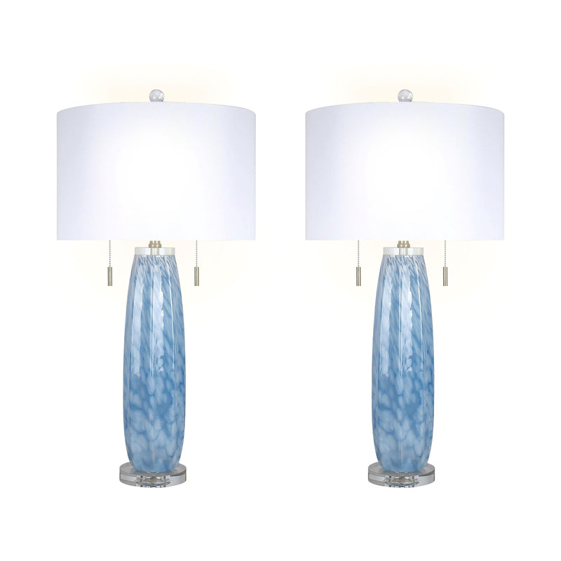 Classy Living Azure Drift 30in Table Lamp Set of 2 | Transitional Blue and White Art Glass with Clear Crystal | Living Room & Bedroom | Model ECL3290