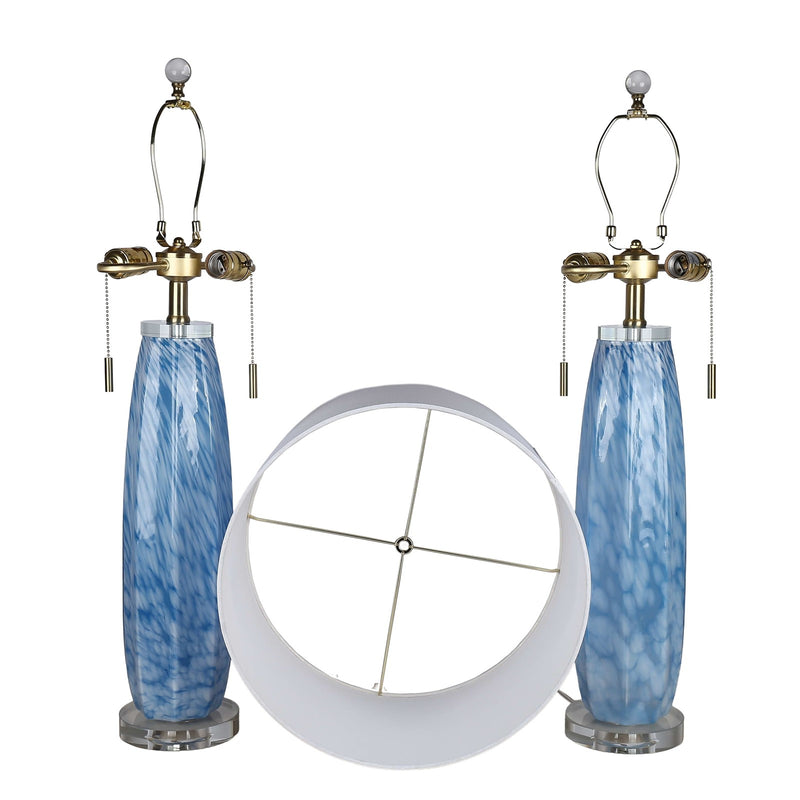 Classy Living Azure Drift 30in Table Lamp Set of 2 | Transitional Blue and White Art Glass with Clear Crystal | Living Room & Bedroom | Model ECL3290