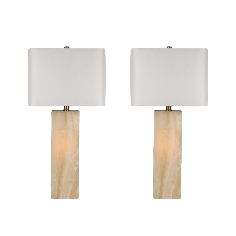 Classy Living Luminous Alabaster 28in Table Lamp Set of 2 | Modern Natural Stone and White Linen | Bedroom Nightstand & Console | Model ECL3294