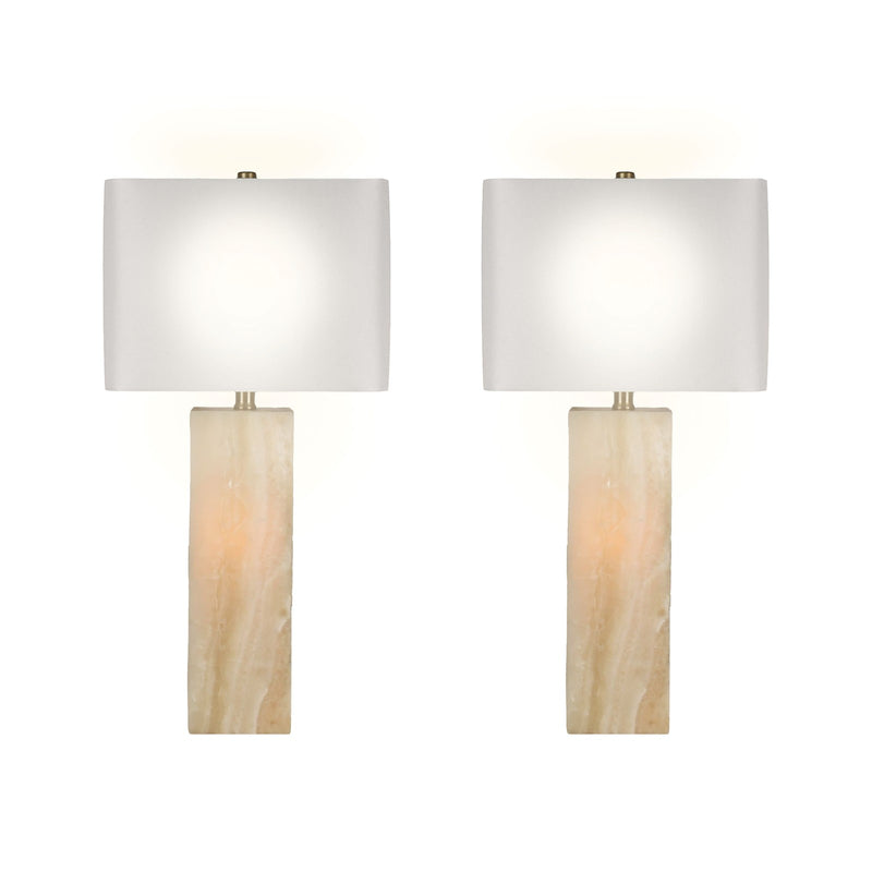 Classy Living Luminous Alabaster 28in Table Lamp Set of 2 | Modern Natural Stone and White Linen | Bedroom Nightstand & Console | Model ECL3294