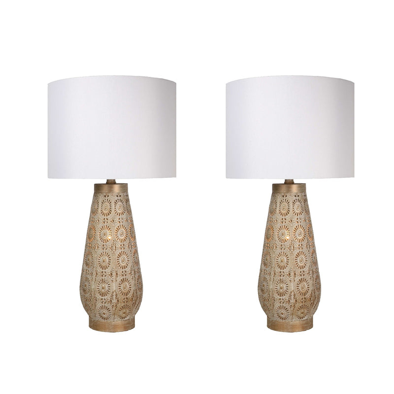 Classy Living Celestial Carve 28in Table Lamp Set of 2 | Contemporary Distressed Tan and White Metal | Bedroom Nightstand & Living | Model ECL3298