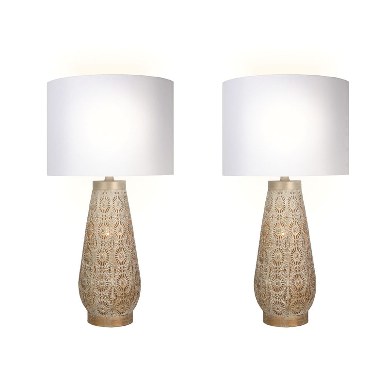 Classy Living Celestial Carve 28in Table Lamp Set of 2 | Contemporary Distressed Tan and White Metal | Bedroom Nightstand & Living | Model ECL3298