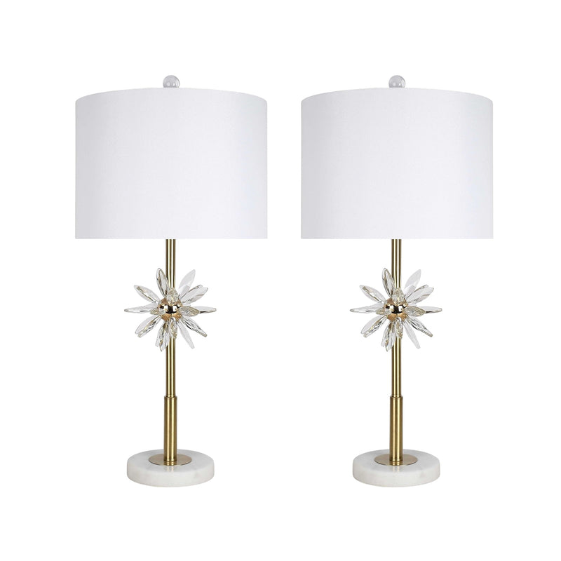 Classy Living Crystal Bloom 28in Table Lamp Set of 2 | Contemporary Soft Gold Metal and White Linen | Bedroom & Living Room | Model ECL3302