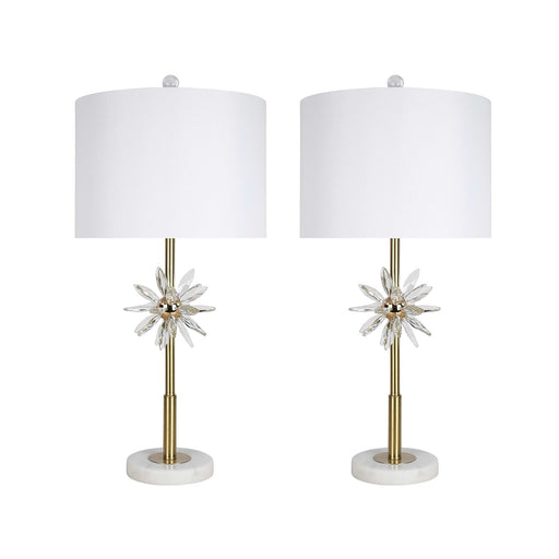 Classy Living Crystal Bloom 28in Table Lamp Set of 2 | Contemporary Soft Gold Metal and White Linen | Bedroom & Living Room | Model ECL3302