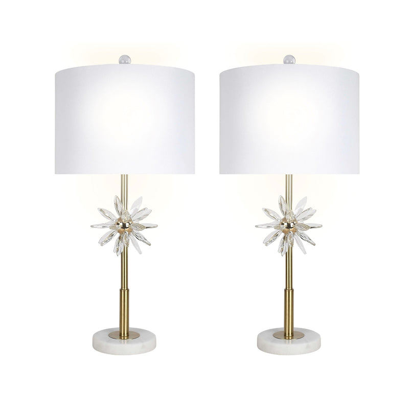 Classy Living Crystal Bloom 28in Table Lamp Set of 2 | Contemporary Soft Gold Metal and White Linen | Bedroom & Living Room | Model ECL3302