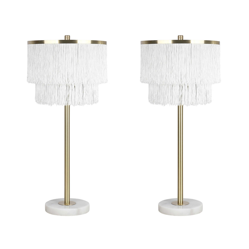 Classy Living Tassel Elegance 30in Table Lamp Set of 2 | Modern Soft Gold Metal and White Tassel Shade | Bedroom & Living Room | Model ECL3308