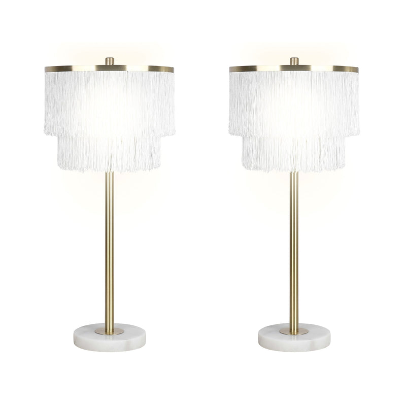 Classy Living Tassel Elegance 30in Table Lamp Set of 2 | Modern Soft Gold Metal and White Tassel Shade | Bedroom & Living Room | Model ECL3308