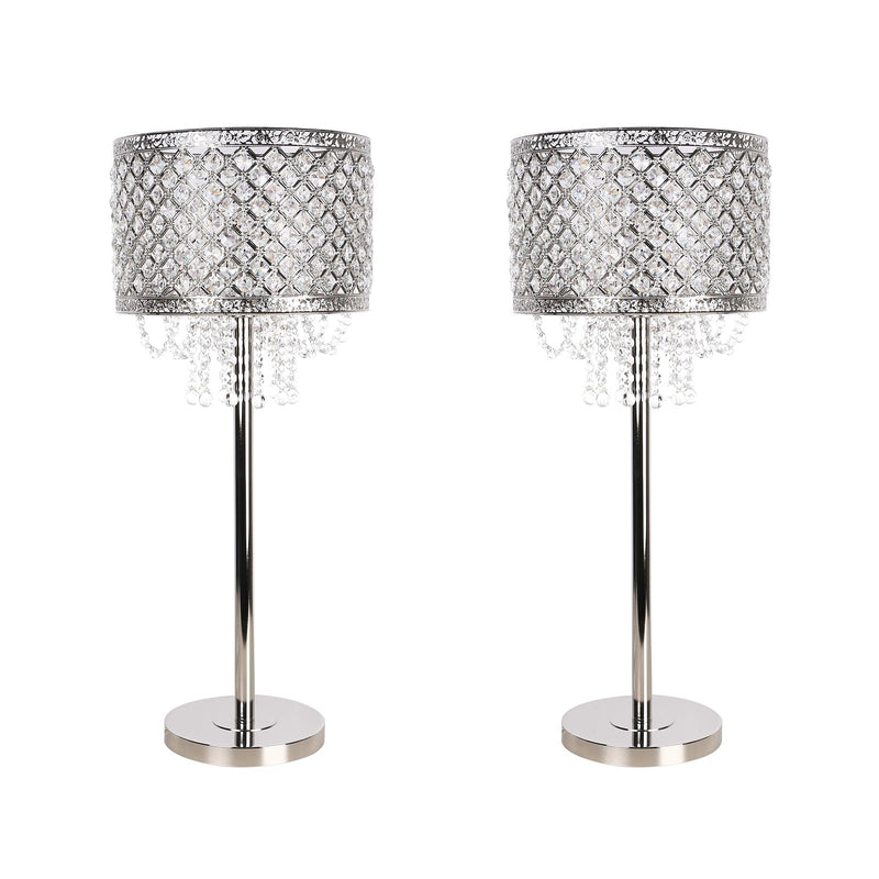 Classy Living Crystal Elegance 28in 1-Light Table Lamp Set of 2 | Glam Polished Nickel and Clear Crystal | Bedroom & Living Room | Model ECL3312