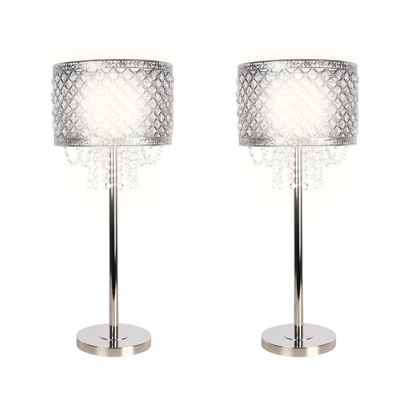 Classy Living Crystal Elegance 28in 1-Light Table Lamp Set of 2 | Glam Polished Nickel and Clear Crystal | Bedroom & Living Room | Model ECL3312